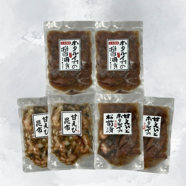 日本海の恵み（ほたるいか醤油漬×2・松前漬×2・甘えび昆布×2）