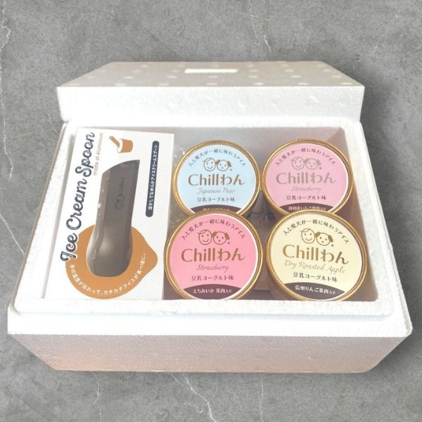 【Chillわん】豆乳ヨーグルトアイス・スプーンセット（りんご・とちあいか・梨・静岡県産いちご）